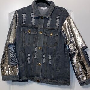 Black washed denim jacket with sequins and distressing Sz S
